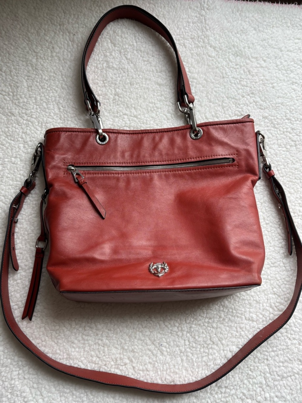 Rudsak Designer Red/Rust Leather Hobo Pandora Tote Bag with Removable Long Strap